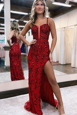 Cute Mermaid Straps Red Sequins Long Prom Dresses with Slit AB120601