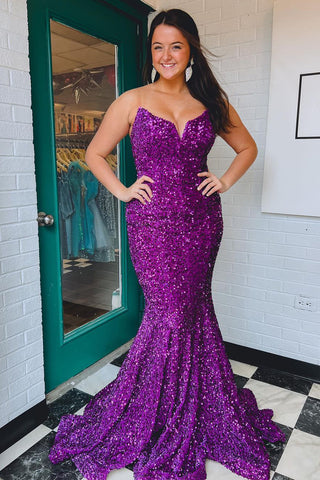 Sparkly Mermaid Strapless Purple Sequins Long Prom Dresses AB120603