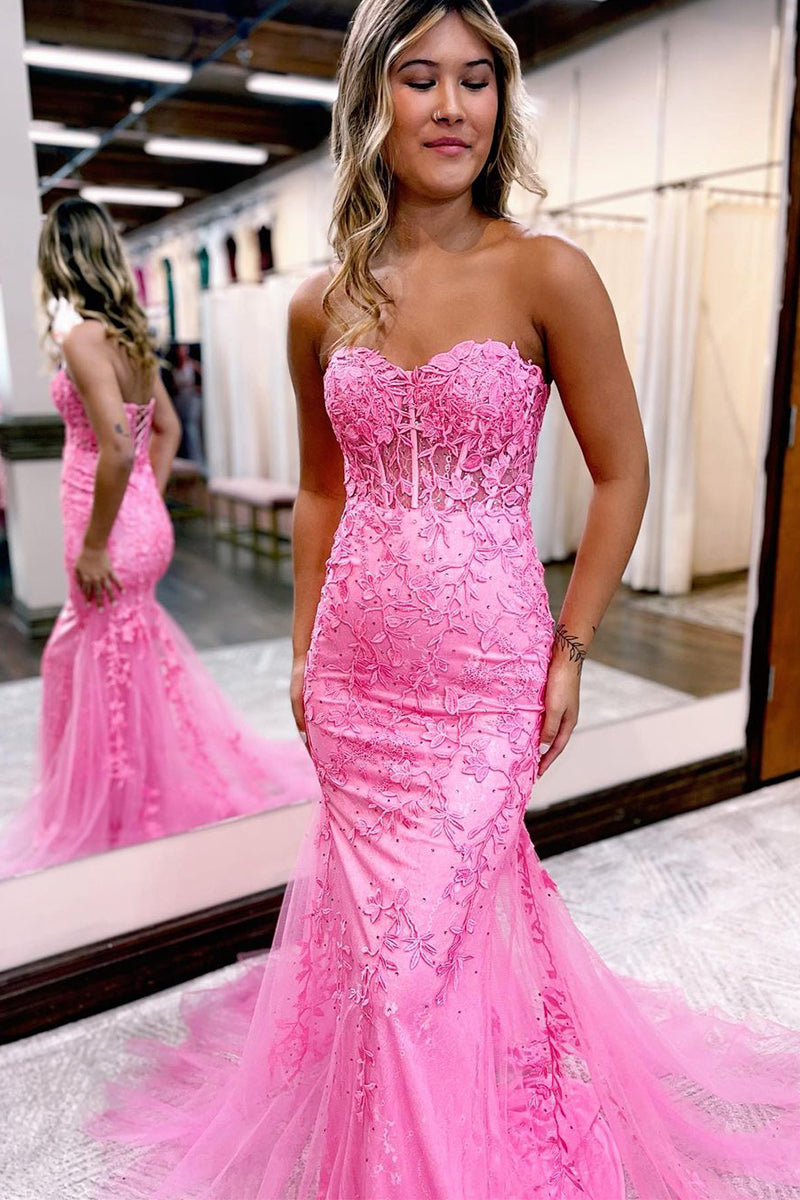 Cute Mermaid Sweetheart Pink Lace Long Prom Dresses with Beading AB120604
