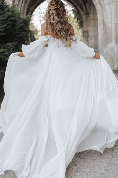 Bohemian Off the Shoulder White Chiffon Long Wedding Dresses with Sleeves AB120605