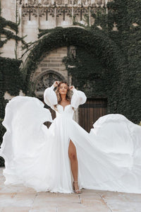 Bohemian Off the Shoulder White Chiffon Long Wedding Dresses with Sleeves AB120605