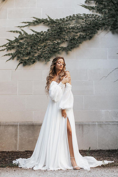 Bohemian Off the Shoulder White Chiffon Long Wedding Dresses with Sleeves AB120605