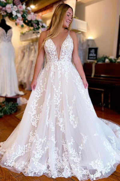 Charming A Line V Neck White Tulle Long Wedding Dresses with Lace AB120606