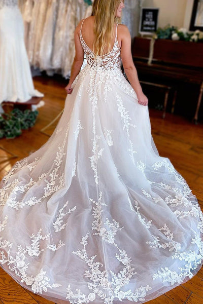 Charming A Line V Neck White Tulle Long Wedding Dresses with Lace AB120606