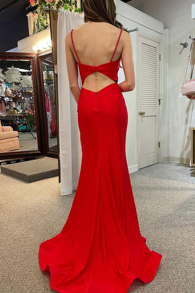Cute Mermaid Straps Red Satin Long Prom Dresses with Slit AB120607
