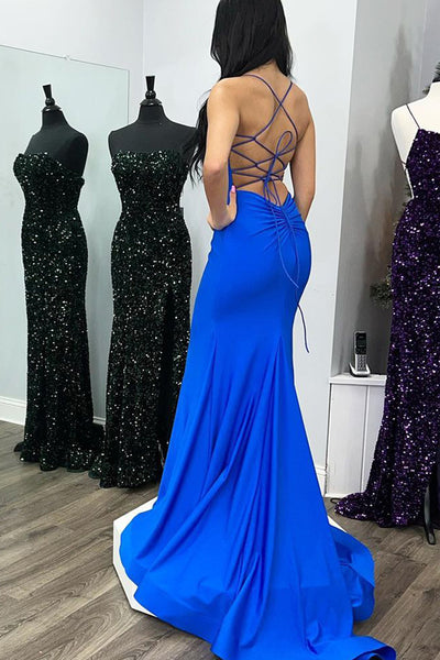 Charming Mermaid V Neck Royal Blue Satin Long Prom Dresses with Lace-up AB120608