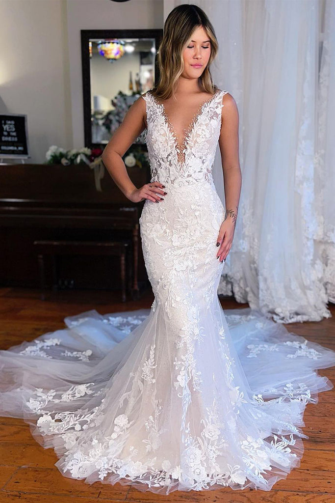 Elegant Mermaid Deep V Neck Lace Wedding Dresses with Beading AB120702 Anniebride Elegant Mermaid Deep V Neck Lace Wedding Dresses with Beading AB120702 Anniebride