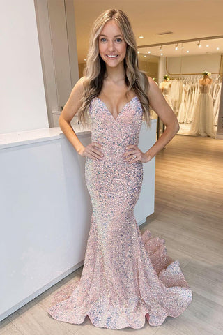 Cute Mermaid V Neck Blush Pink Sequins Long Prom Dresses AB121102