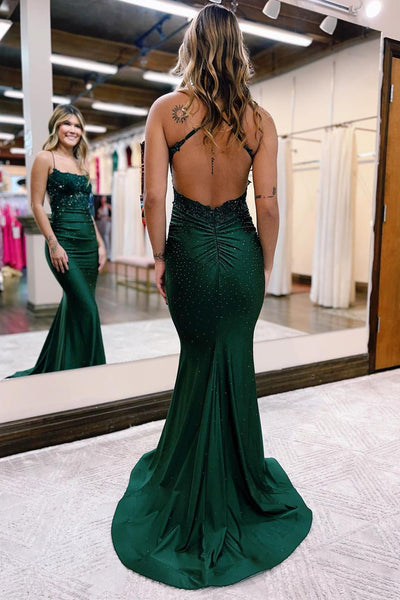 Charming Mermaid Scoop Neck Dark Green Satin Long Prom Dresses with Beading AB121103