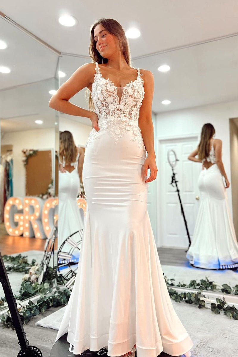 Charming Mermaid V Neck White Satin Prom Dresses with Appliques AB121305
