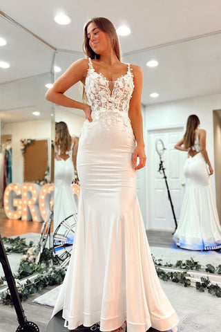 Charming Mermaid V Neck White Satin Prom Dresses with Appliques AB121305