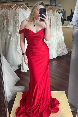 Charming Mermaid Off the Shoulder Red Satin Prom Dresses AB121501