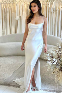 Charming Sheath Cowl Neck Silk Satin Wedding Dresses AB121505