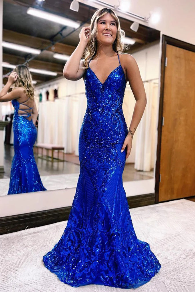 Charming Mermaid V Neck Royal Blue Sequins Long Prom Dresses AB121903 ...