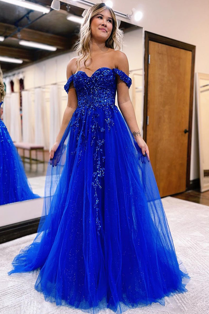 Cute A Line Off the Shoulder Royal Blue Prom Dresses with Appliques AB122005