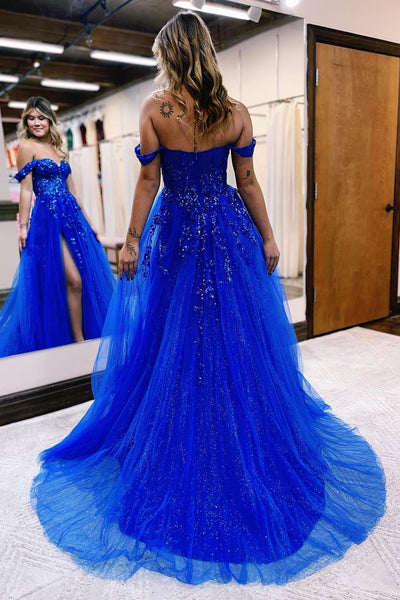Cute A Line Off the Shoulder Royal Blue Prom Dresses with Appliques AB122005
