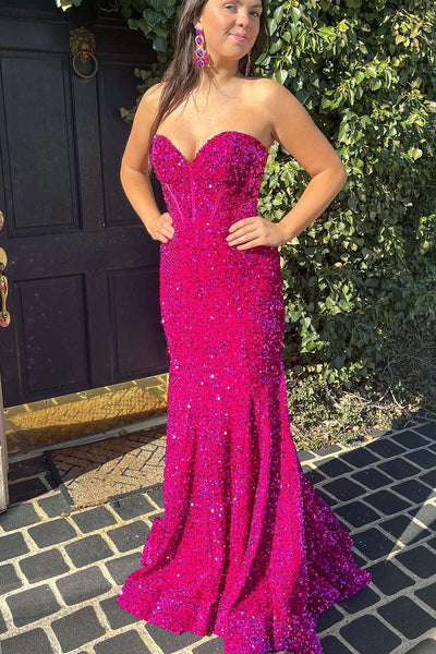 Cute Mermaid Sweetheart Dragon Fruit Color Sequins Long Prom Dresses AB122201