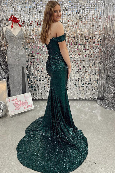 Cute Mermaid Off the Shoulder Dark Green Sequins Prom Dresses with Slit AB122203