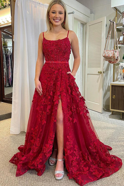 Cute A Line Scoop Neck Red Sequins Lace Prom Dresses AB122204