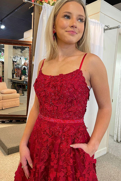 Cute A Line Scoop Neck Red Sequins Lace Prom Dresses AB122204