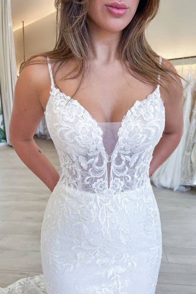 Charming Mermaid V Neck Lace Wedding Dresses AB122205