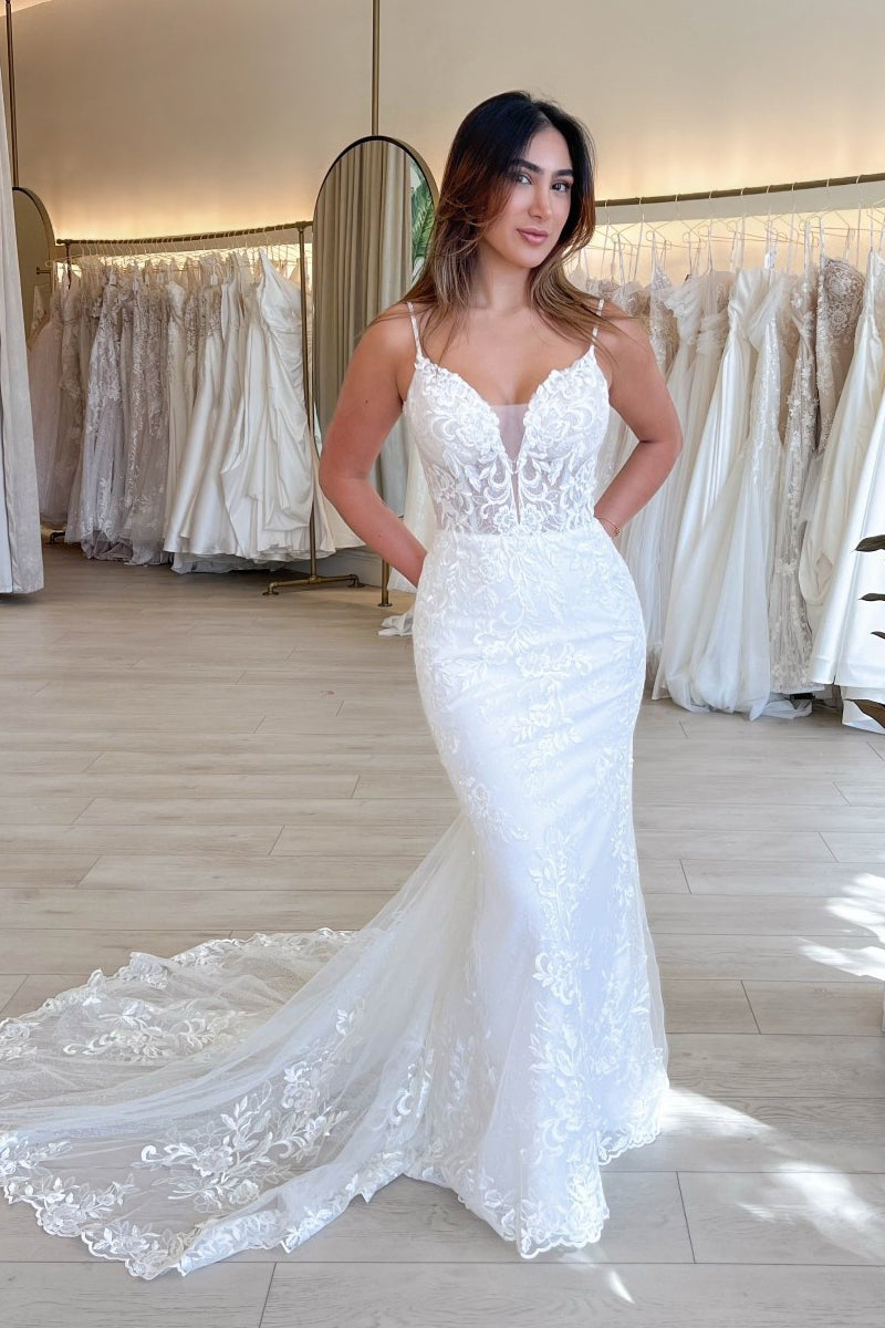 Charming Mermaid V Neck Lace Wedding Dresses AB122205