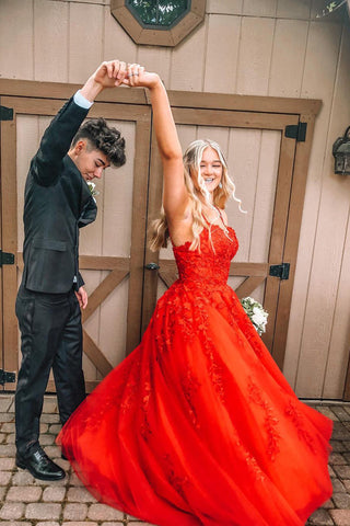 Cute A Line Scoop Neck Red Tulle Lace Prom Dresses AB122401
