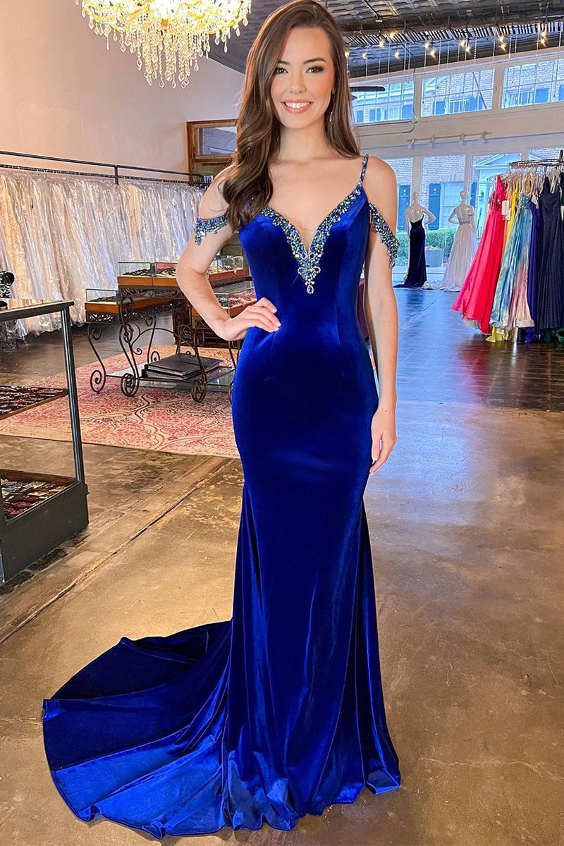 Cute Mermaid Off the Shoulder Royal Blue Velvet Prom Dresses with Beaded AB122901