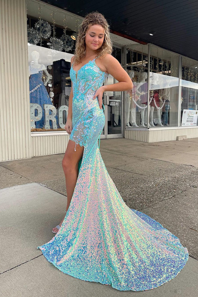 Cute Mermaid Scoop Neck Sequins Prom Dresses with Lace AB123102