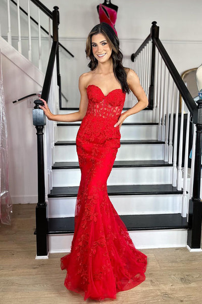 Cute Mermaid Sweetheart Red Lace Prom Dresses AB12701
