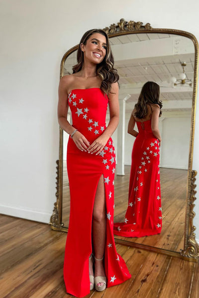 Charming Mermaid Strapless Red Satin Long Prom Dresses with Slit AB12705