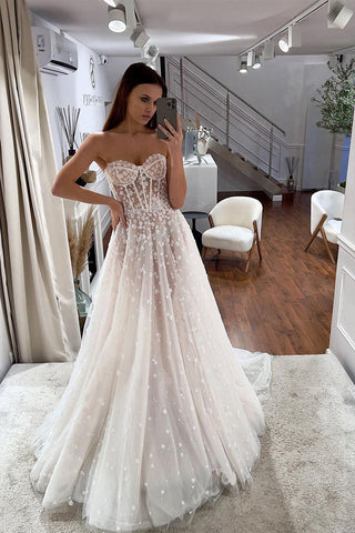 Cute A Line Sweetheart Tulle Wedding Dresses with Beading AB12801