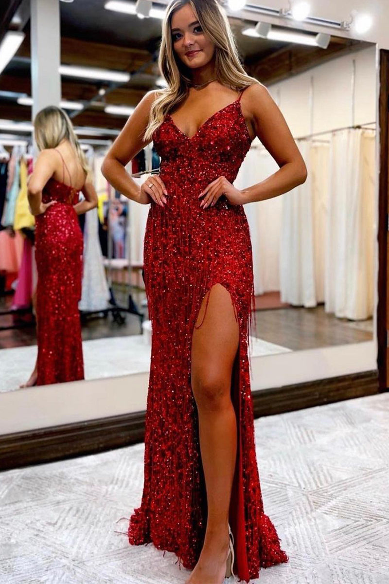 Charming Mermaid V Neck Burgundy Sequins Long Prom Dresses with Beaded AB12803