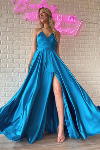 Cute A Line V Neck Blue Satin Long Prom Dresses with Slit AB12804