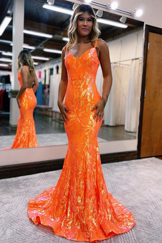 Fashion Mermaid V Neck Orange Lace Sequins Long Prom Dresses AB12903