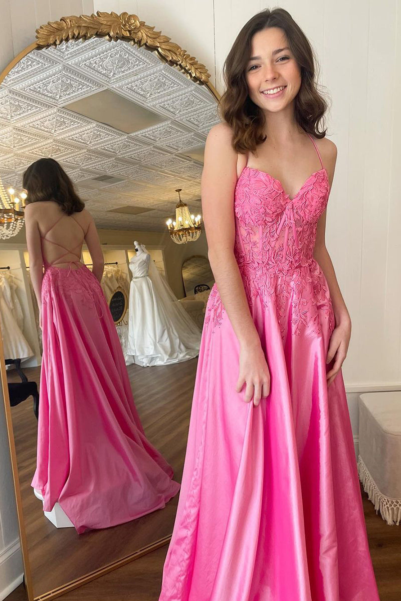 Cute A Line Scoop Neck Pink Satin Prom Dresses AB13002