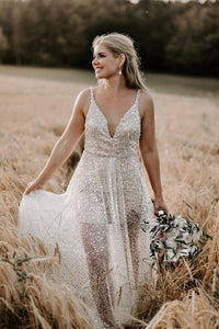 Charming A Line V Neck Sequins Wedding Dresses AB13003