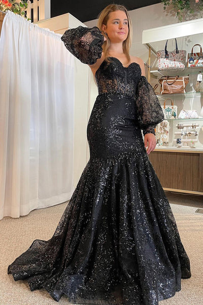 Cute Mermaid Sweetheart Black Sequins Lace Prom Dresses with Sleeves AB20101