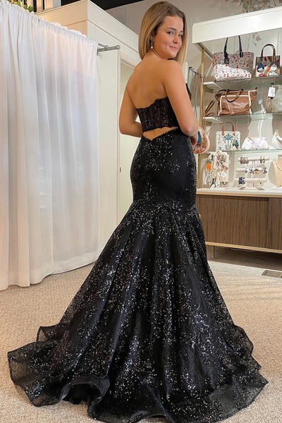 Cute Mermaid Sweetheart Black Sequins Lace Prom Dresses with Sleeves AB20101