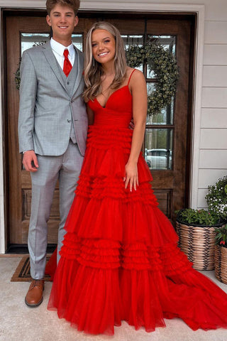 Cute Sweet Ball Gown V Neck Red Tulle Long Prom Dresses AB20102
