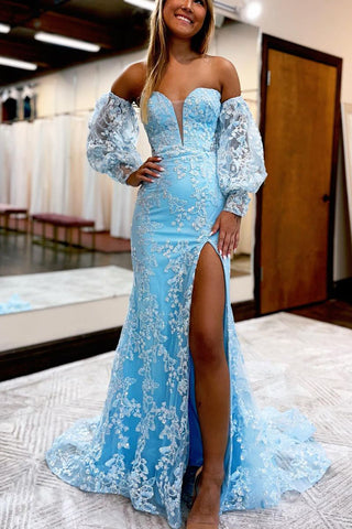 Cute Mermaid Sweetheart Light Blue Sparkly Lace Prom Dresses with Sleeves AB20401