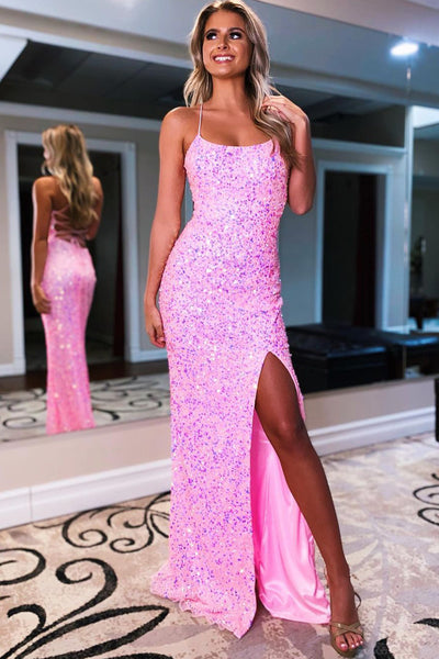 Cute Mermaid Scoop Neck Pink Sequins Prom Dresses with Slit AB20405