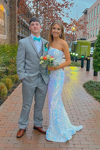 Cute Mermaid One Shoulder Whie Sequins Prom Dresses AB20701