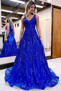 Cute A Line V Neck Royal Blue Sequins Lace Prom Dresses AB20702
