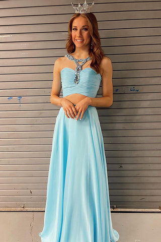 Charming A Line Round Neck Chiffon Prom Dresses with Beading AB20703