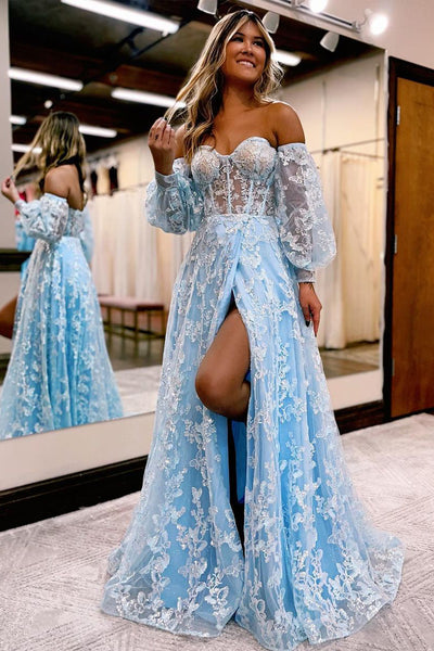 Spakrly Off the Shoulder Light Blue Prom Dresses with Long Sleeves AB21002