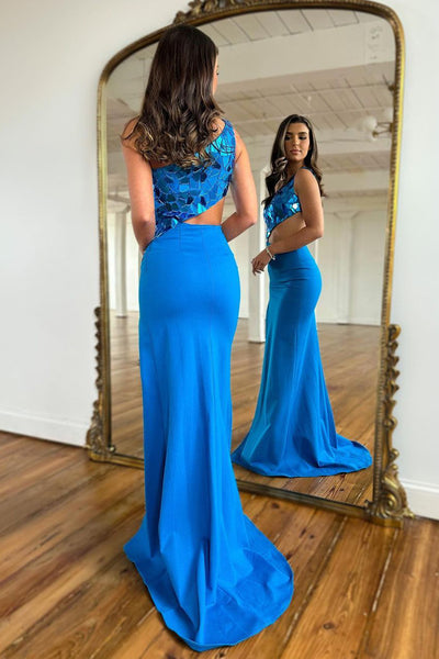 Cute Mermaid One Shoulder Blue Long Prom Dresses with Beaded AB21703