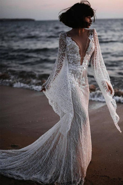 Bohemain Luxurious Beading Lace V Neck Long Sleeves Beach Wedding Dresses AB22081534