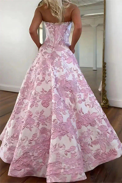 Gorgeous A Line Scoop Neck Jacquard Satin Prom Dress with Pearls AB25120804