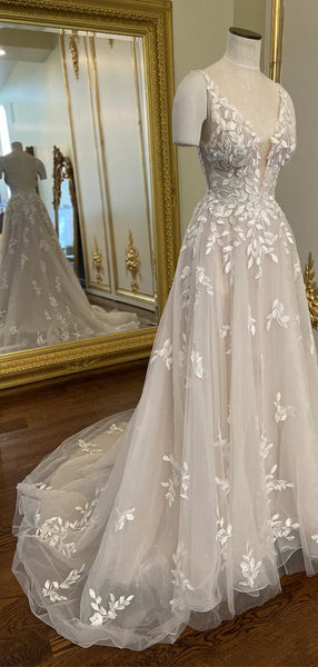 Fairy A Line V Neck Tulle Wedding Dresses with Appliques AB101802